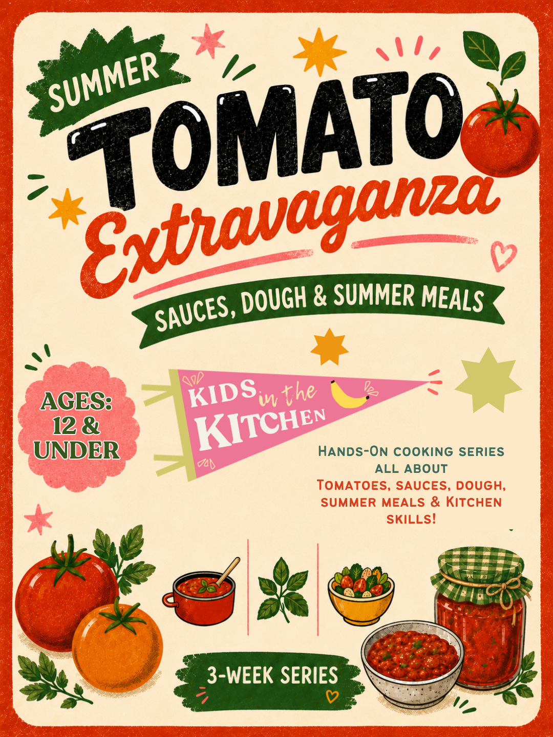 Book cover of 'Summer Tomato Extravaganza' by Kids in the Kitchen with tomato illustrations and colorful text.