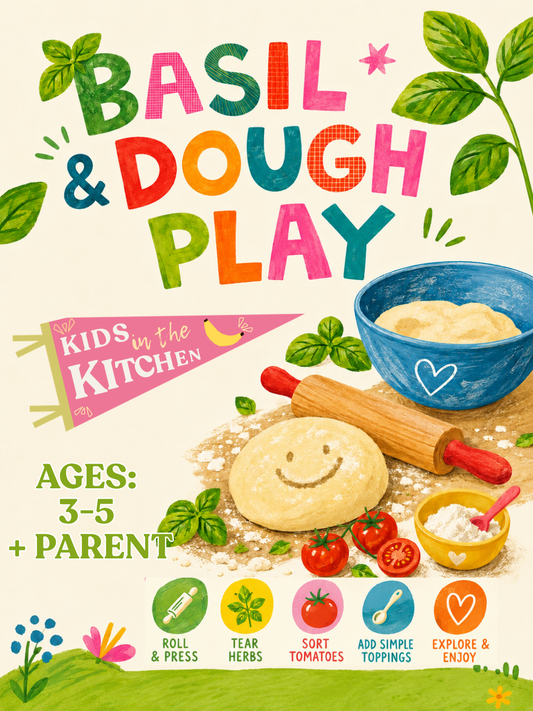 Book cover of 'Basil & Dough Play' from 'Kids in the Kitchen' series with cooking ingredients and tools.