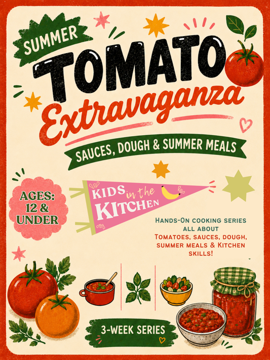 Book cover of 'Summer Tomato Extravaganza' by Kids in the Kitchen with tomato illustrations and colorful text.