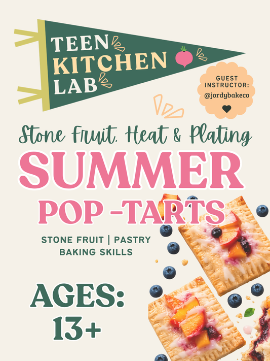 Book cover of 'Teen Kitchen Lab' with summer pop-tarts recipe, featuring stone fruit, heat, and plating.
